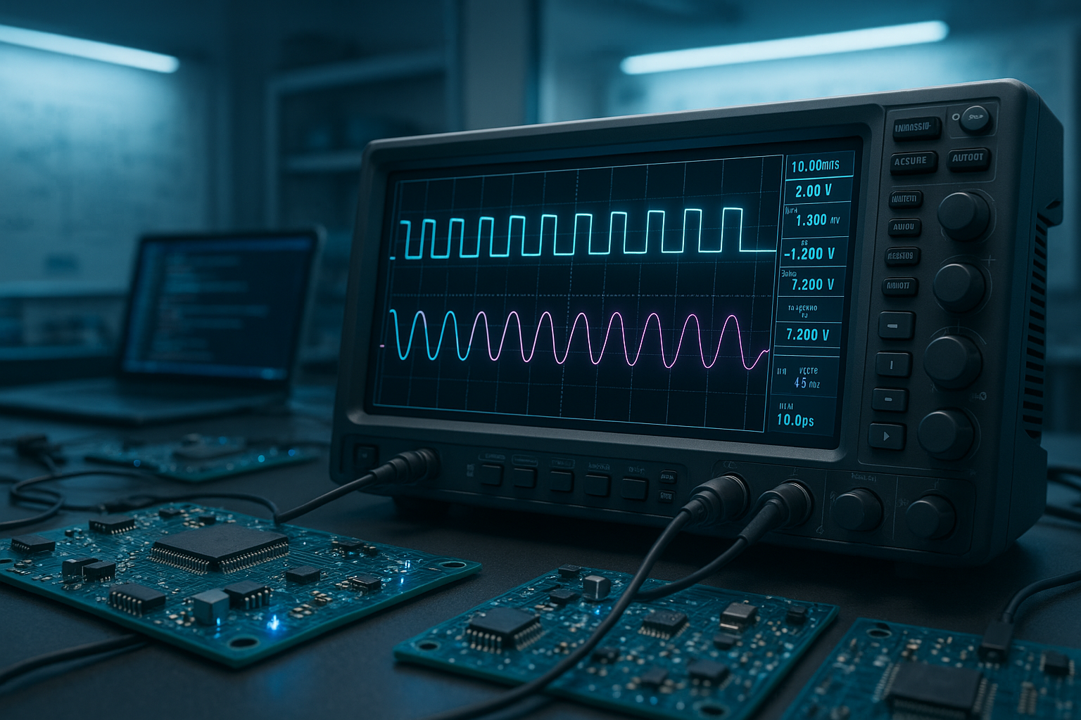 Señales eléctricas siendo analizadas en un osciloscopio
